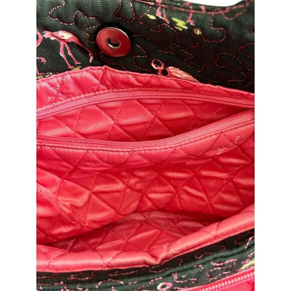 Donna Sharp Quilted Handbag Black Pink Flamingo All Over Print Tote Shoulder Bag - Picture 8 of 16
